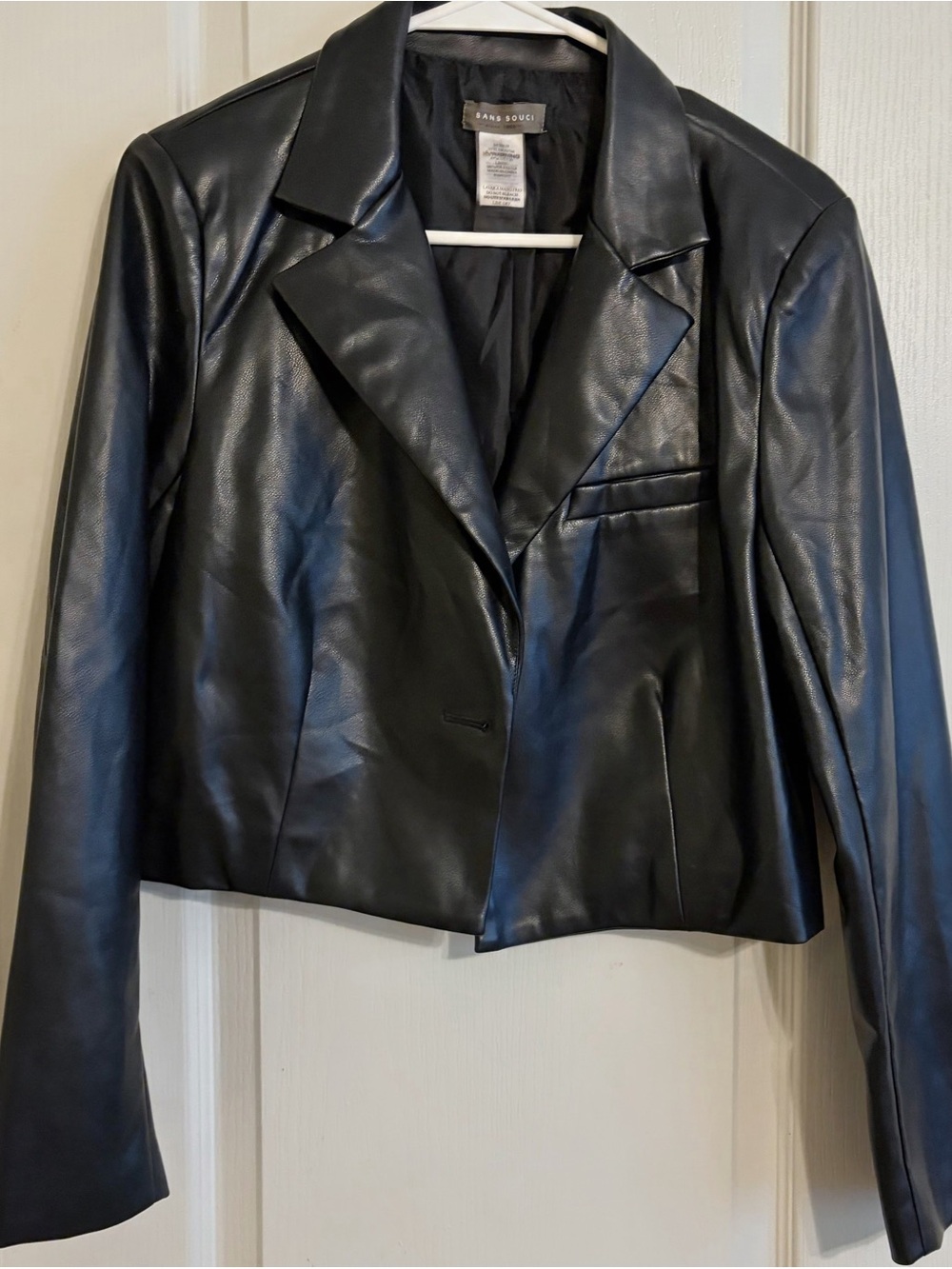 Sans Souci Black Faux Leather Blazer Jacket size small ptp 18 length 19